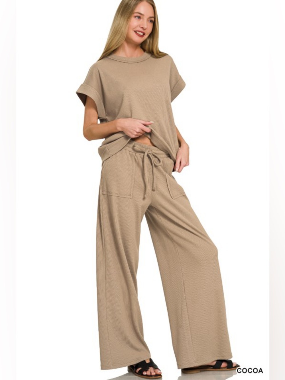 NWT Zenana Ribbed Thick Short Sleeve Cocoa Tee & Pants Set